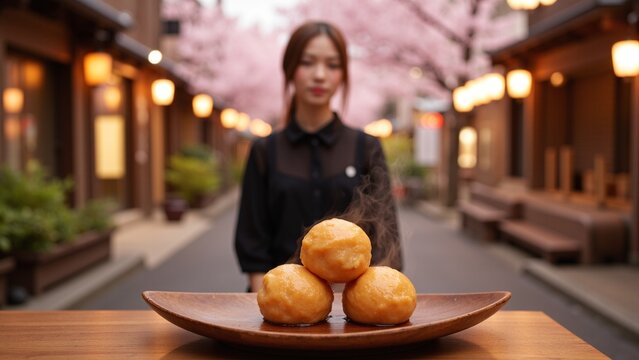 Elegant Model and Steaming Mitarashi Dango