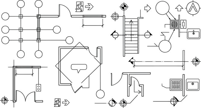 Architectural floor plan detail sheet with stairs, doors, electrical layouts, and section markers