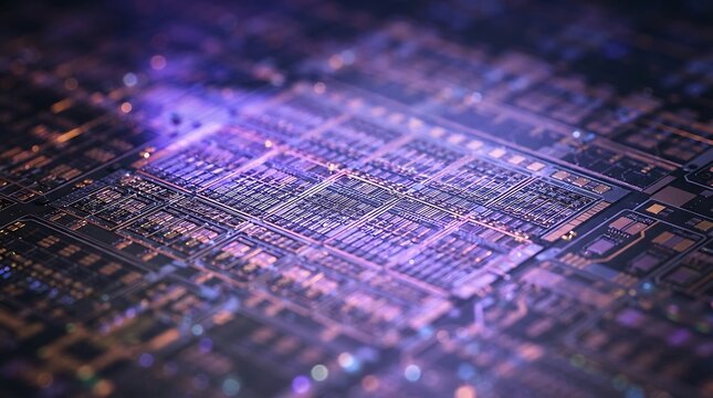 A close-up, macro shot of a glowing computer microchip with intricate circuitry, illuminated by purple light, showcasing advanced technology.
