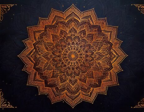 Intricate Golden Mandala With Ornate Corners On Dark Textured Background Symbolizing Spirituality And Meditation