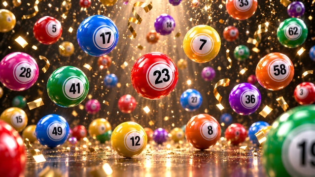 Colorful numbered lottery balls floating in vibrant celebration environment with golden sparkles