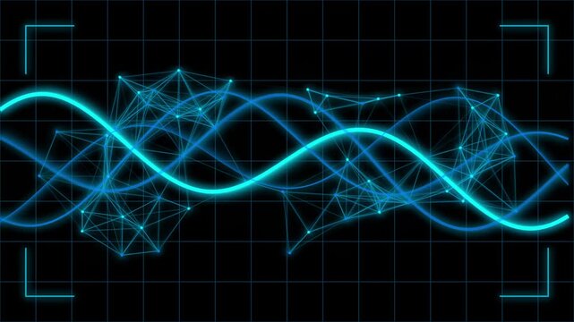 Blue waveforms oscillate and converge within a grid on a black background