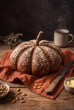 Homemade pumpkin shaped artisan bread with seeds butter and hot drink on rustic autumn table