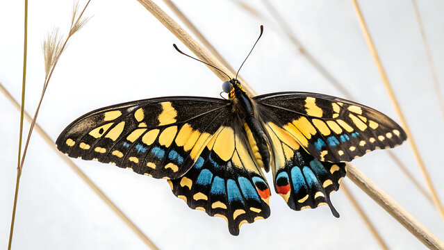 Black yellow and blue swallowtail butterfly resting on a dry grass stem in nature