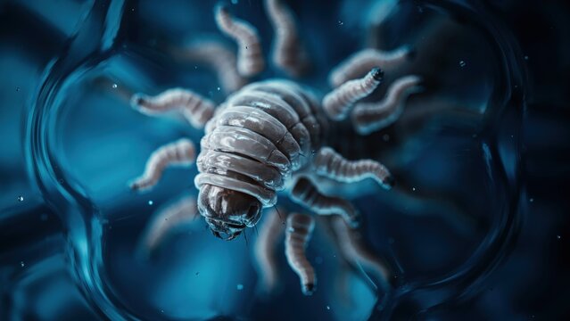 Macro close up shot featuring detailed pale segmented wormlike creature swimming in dark blue water