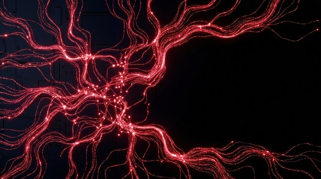 Glowing Red Neural Pathways and Fiber Optic Cables Transferring Digital Data in Abstract Tech Concept