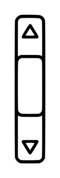 Hand-traced minimalist vector icon illustration of a vertical scrollbar interface element featuring upward and downward triangular navigation arrows in clean black outline design for websites