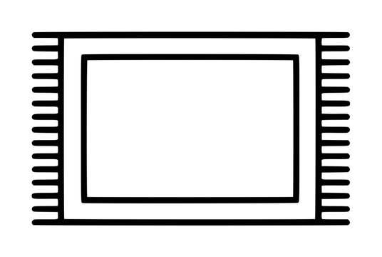 Top-down view of a decorative rectangular rug with fringed edges and a double-line border frame design. This minimalist vector icon illustration captures home textile decor in clean black outlines.