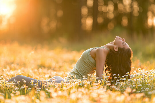 Woman Practicing Upward-Facing Dog Yoga Pose in a Sunlit Meadow at Golden Hour