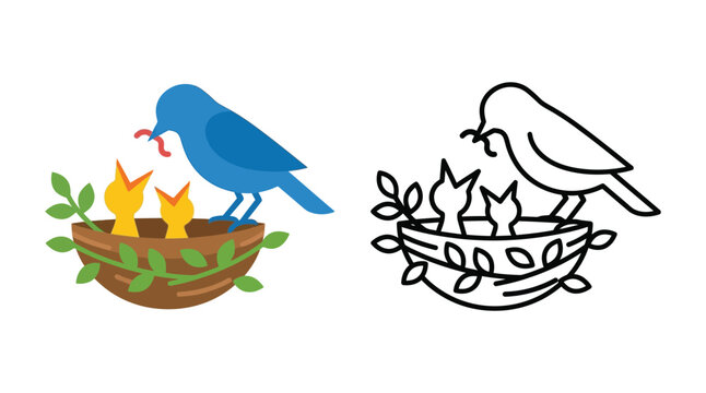 Bird feeding chicks in a nest colorful vector illustration