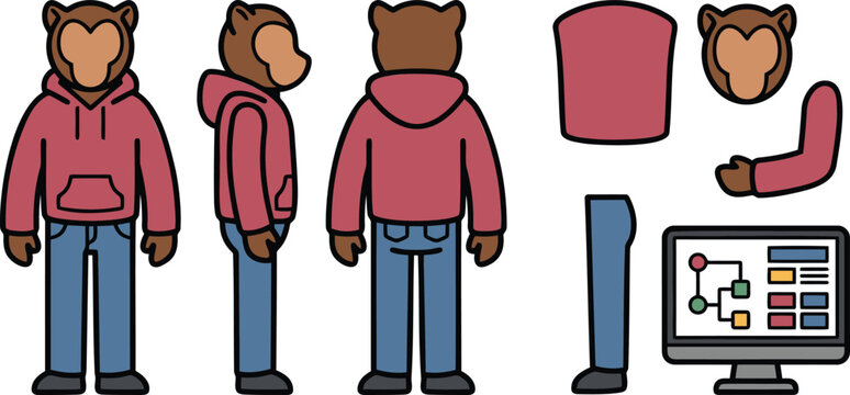 Faceless Bear Character Rigging Vector Illustration Set with Front, Back, and Arm Views
