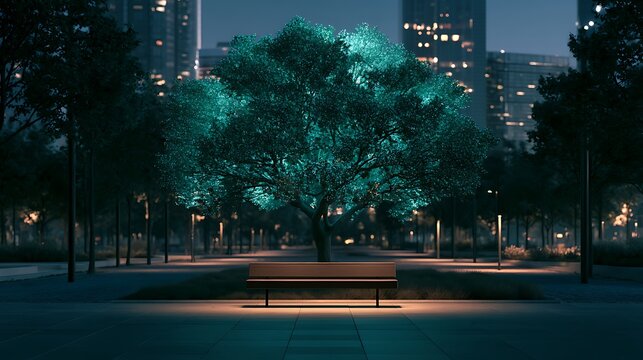 Magical glowing turquoise tree in urban park at night