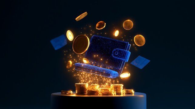 Digital blue wallet floating with glowing gold coins