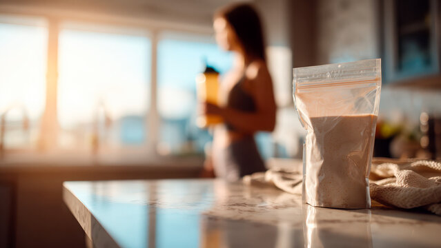 A woman holds a shaker bottle in her kitchen, with a pouch of protein powder on the counter, ready for a workout.