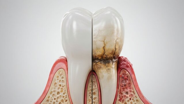 Healthy white tooth compared with a decaying damaged tooth showing severe gum disease and bone loss