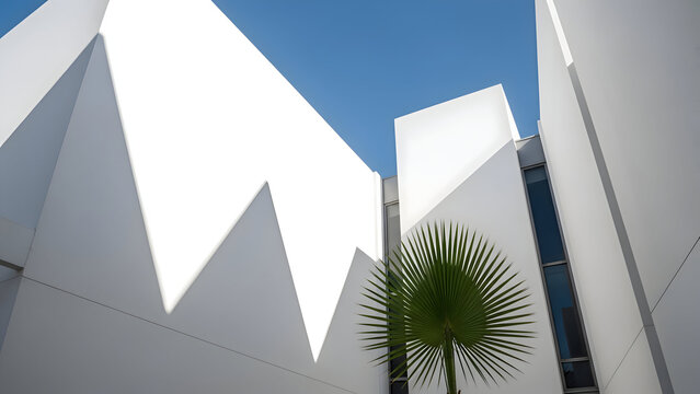 Modern white building exterior with geometric design and palm tree against clear blue sky perfect for luxury and contemporary architecture concepts