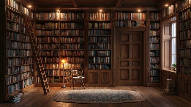 A 3D render shows a library corner in a childrens room filled with bookshelves featuring colorful books and a small reading chair.