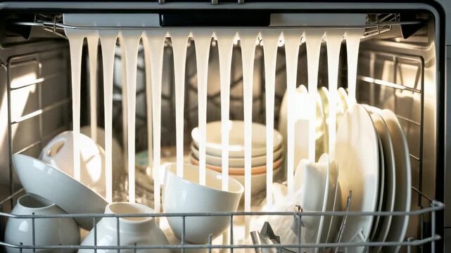 Kitchen dishwasher loaded with clean dishes and bowls after a meal