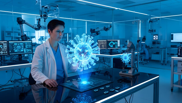Scientist in lab coat analyzing digital virus model on holographic display in futuristic laboratory with blue lighting and advanced technology