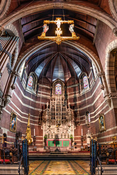 Vertorama of the Church of the Advent in Boston, Massachusetts, showcases its Victorian Gothic architecture, ornate sanctuary, and Anglo-Catholic worship tradition