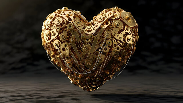 Intricately crafted golden heart shaped object with mechanical gears and cogs floating above a dark reflective surface with dramatic lighting