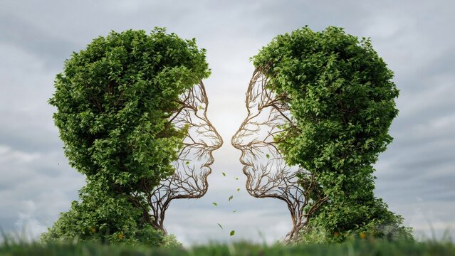 Human head silhouettes formed by lush green trees facing each other under a cloudy grey sky