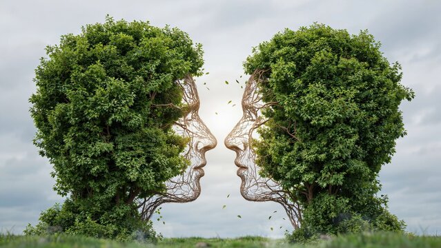 Human profiles shaped from vibrant green tree foliage facing each other under a soft cloudy sky