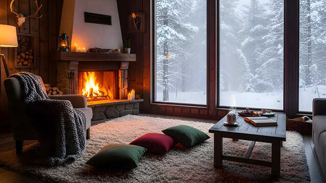 Cozy cabin living room with fireplace and snow covered trees outside large windows warm lighting and comfortable seating area
