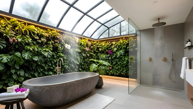 Luxurious modern bathroom with freestanding tub and glass enclosed shower surrounded by lush greenery under a skylight