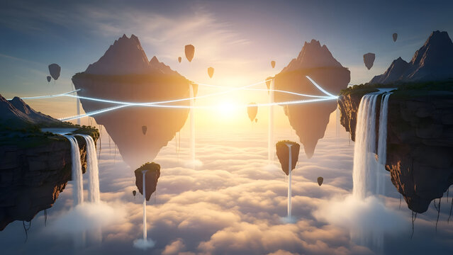 Floating islands with waterfalls and hot air balloons at sunset in a fantasy landscape with dramatic lighting and misty atmosphere