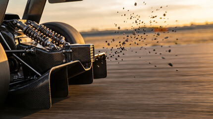 Fototapeta premium Carbon fiber rear suspension of race car kicking up dirt and dust.