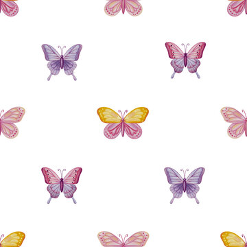 Watercolor fairytale seamless pattern with princess, fairy, dragon, castle, butterflies and flowers