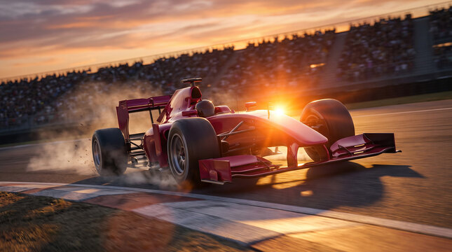 Red race car speeding down track with sunset glow and motion blur.