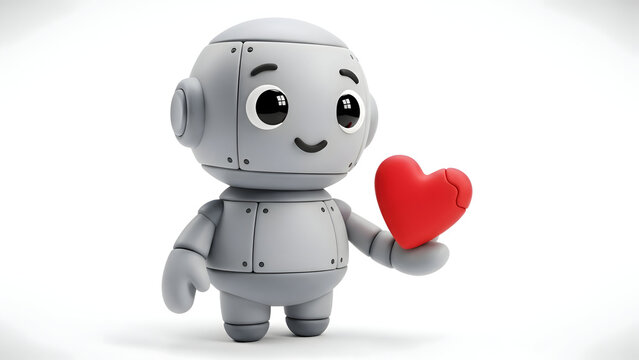 Gray robot holding red heart in hand on white background with soft lighting and friendly expression