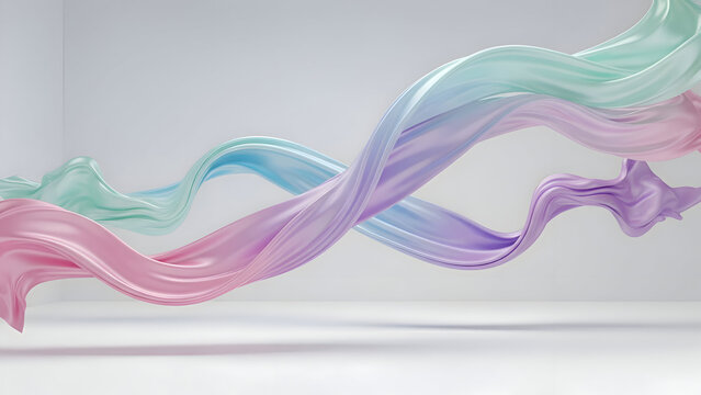 Colorful swirling liquid shapes in pastel hues on a soft white background with gentle lighting and a serene atmosphere