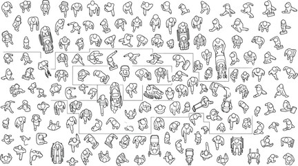 Fototapeta premium Top view crowd vector set of people silhouettes walking, standing and sitting, architectural staff in plan