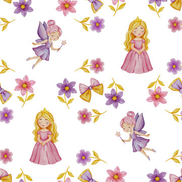 Watercolor fairytale seamless pattern with princess, fairy, dragon, castle, butterflies and flowers