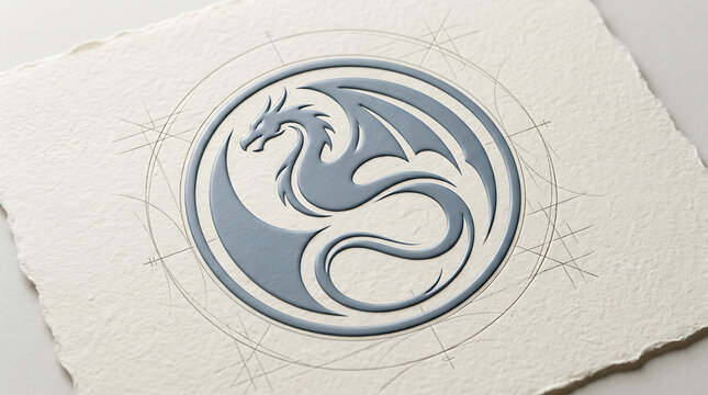 Embossed dragon circular logo on textured white paper with embossed