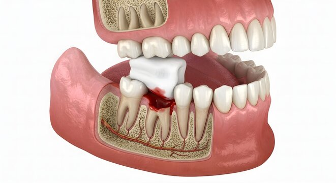 3D Medical Render of Human Jaw Cross-Section Biting on Cotton Gauze After Tooth Extraction