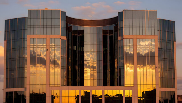 Modern glass office building reflecting vibrant sunset colors with sleek architecture and urban cityscape background