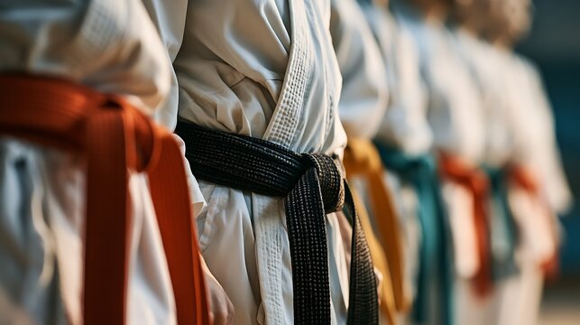 Row of martial artists with colorful belts