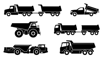 Set of 6 Black Silhouette Dump Trucks, Heavy Machinery Icons, Construction Vehicles, Industrial Transport Vector Graphics © Balu
