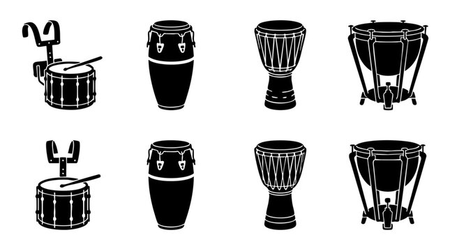 Set of 4 Black Drum Icons, Percussion Instruments Collection, Musical Equipment Vector Graphics, Rhythm and Beat Symbols