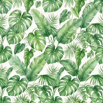Watercolor tropical monstera and banana leaves, lush green palette, soft white background seamless repeating pattern, tileable, square composition, 1:1, no text, no logo, no watermark