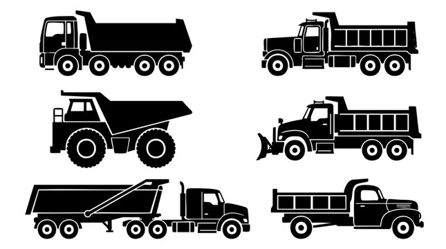 Set of Six Black Silhouette Dump Trucks, Construction Vehicles, Heavy Machinery Icons for Industrial and Transport Projects