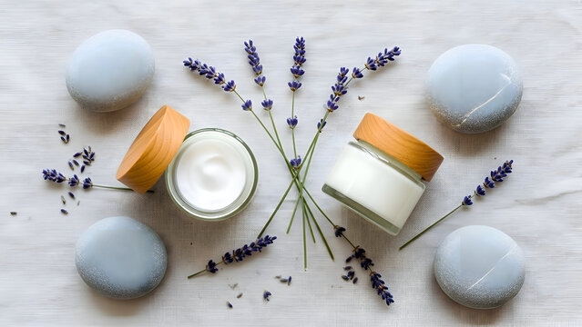 Spa skincare products with lavender flowers and stones on white fabric serene wellness setup natural beauty care routine