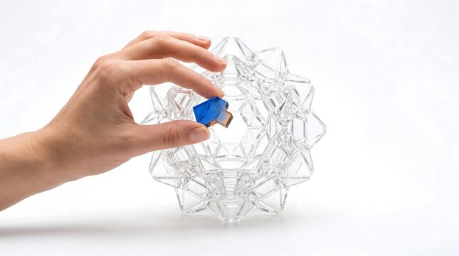 Human Hand Completing Transparent Geometric Structure Symbolizing Certainty and Completion