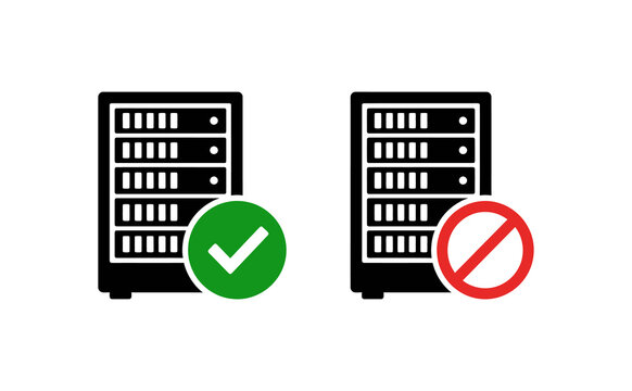 Minimalist server rack icons featuring approved checkmark and rejected prohibition symbols