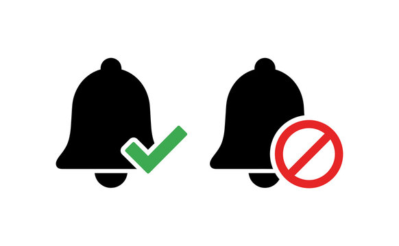 Minimalist notification bell icons featuring green checkmark and red prohibition sign