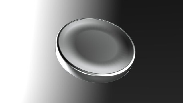 3D silver metallic chrome round concave disc object floating on gradient background for luxury abstract concept, modern UI element or metallic button design
